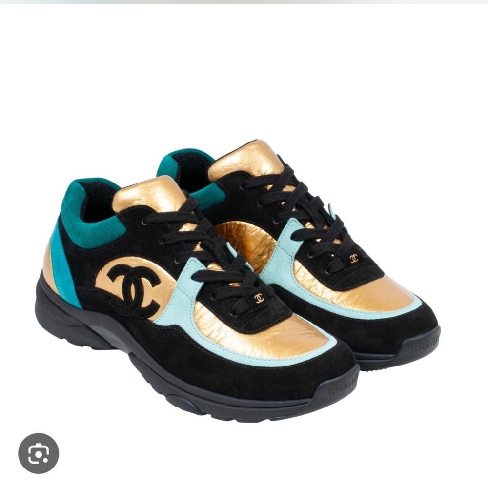 Chanel Women's Black, Gold, and Teal Sneakers